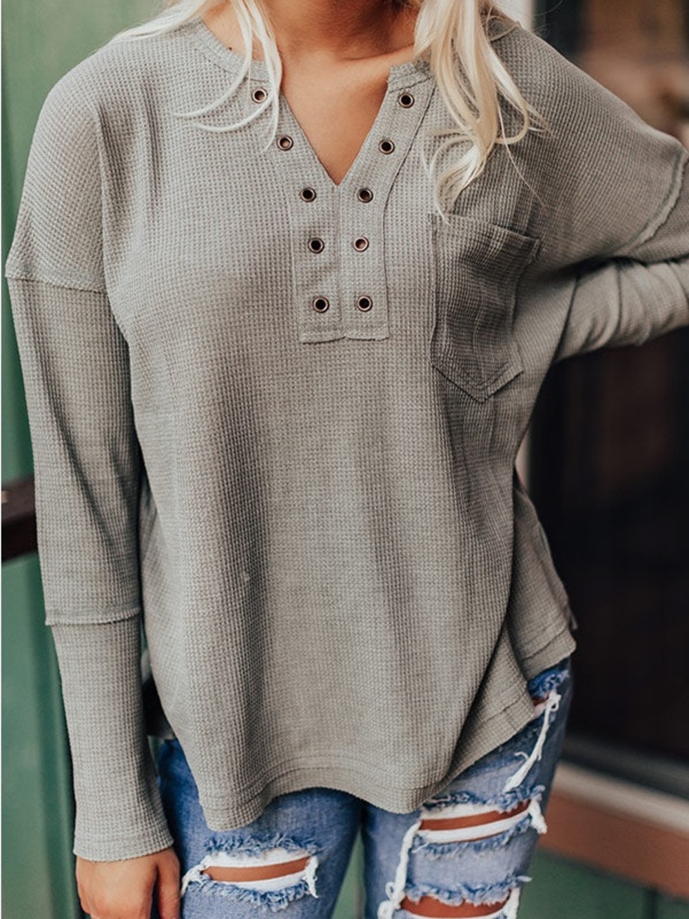 fab’rik Women’s Sage Olive Green Olive Waffle-Knit Henley Shirt Size Medium